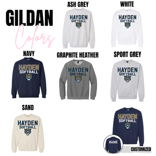 Hayden Softball graphic top color options for Gildan: Ash Grey, White, Navy, Graphite Heather, Sport Grey, and Sand, with optional name personalization.