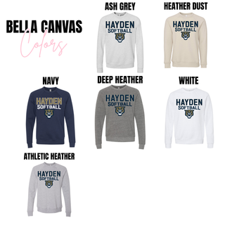 Hayden Softball graphic top color options for Bella Canvas: Ash Grey, Heather Dust, Navy, Deep Heather, White, and Athletic Heather.
