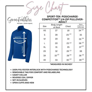 Adult Sport-Tek PosiCharge Competitor 1/4-Zip Pullover size chart showing garment measurement diagram with width, chest, and length indicators. Chart includes sizes XS through 4XL with body length, chest width, and sleeve length from center back in inches, plus fabric and feature details.