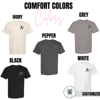 Comfort Colors t-shirt available in ivory, grey, pepper, black, and white featuring the Ace’s Baseball Classic A logo on the left chest.