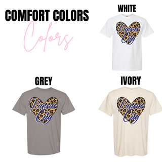 Kansas City leopard heart graphic on Comfort Colors white, grey and ivory short sleeve tops
