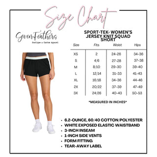 Sport Tek women’s jersey knit squad shorts size chart showing fit, waist, and hip measurements in inches for sizes XS through 3XL