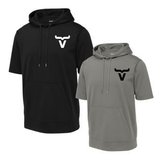 Abbott Ranch Brand Pocket Logo Short Sleeve Hoodie shown in black and grey Sport Tek Sport Wick fleece with bull head brand logo on left chest, front pouch pocket and drawstring hood