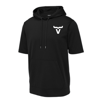 Abbott Ranch Brand Pocket Logo Short Sleeve Hoodie in black Sport Tek Sport Wick fleece with white bull head brand logo on left chest, front pouch pocket and drawstring hood