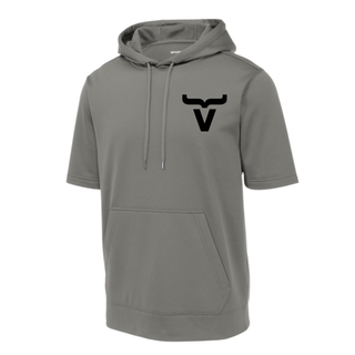 Abbott Ranch Brand Pocket Logo Short Sleeve Hoodie in grey Sport Tek Sport Wick fleece with black bull head brand logo on left chest, front pouch pocket and drawstring hood