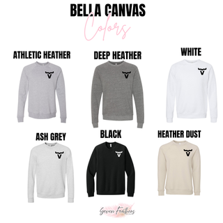 Abbott Ranch Brand Pocket Logo Top Bella Canvas crewneck color chart from Seven Feathers Boutique showing Athletic Heather, Deep Heather, White, Ash Grey, Black, and Heather Dust options