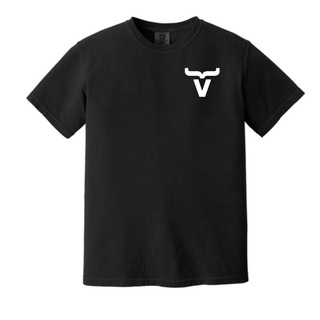 Abbott Ranch Brand Pocket Logo Top in black Comfort Colors tee with white bull head brand logo graphic on left chest pocket position