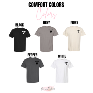 Abbott Ranch Brand Pocket Logo Top Comfort Colors tee color chart from Seven Feathers Boutique showing Black, Grey, Ivory, Pepper, and White options