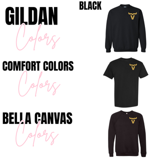 Abbott Ranch Brand Pocket Logo Top in Gold shown in black across three brands from Seven Feathers Boutique, Gildan crewneck sweatshirt, Comfort Colors tee, and Bella Canvas crewneck sweatshirt