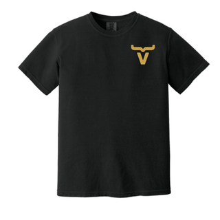 Abbott Ranch Brand Pocket Logo Top in black Comfort Colors tee with gold bull head brand logo on left chest pocket position