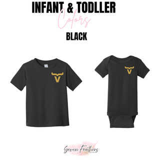 Abbott Ranch Brand Pocket Logo Top in Gold shown in black infant and toddler options from Seven Feathers Boutique including toddler tee and infant onesie with gold bull head brand logo on left chest