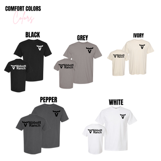 Abbott Ranch Front and Back Logo Top Comfort Colors tee color chart from Seven Feathers Boutique showing Black, Grey, Ivory, Pepper, and White options with front pocket logo and back logo