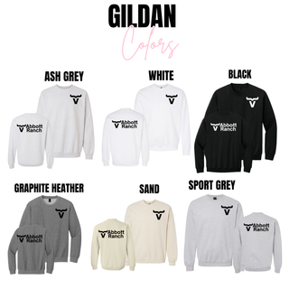Abbott Ranch Front and Back Logo Top Gildan crewneck color chart from Seven Feathers Boutique showing Ash Grey, White, Black, Graphite Heather, Sand, and Sport Grey options with front pocket logo and back logo