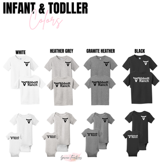 Abbott Ranch Front and Back Logo Top infant and toddler color chart from Seven Feathers Boutique showing White, Heather Grey, Granite Heather, and Black options in toddler tee and infant onesie with front and back logo