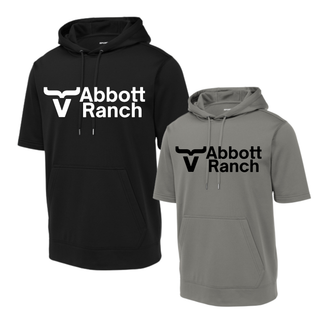 Abbott Ranch Logo Short Sleeve Hoodie shown in black and grey Sport Tek Sport Wick fleece with bull head logo and Abbott Ranch text on center chest, front pouch pocket and drawstring hood