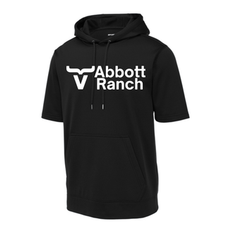  Abbott Ranch Logo Short Sleeve Hoodie in black Sport Tek Sport Wick fleece with white bull head logo and Abbott Ranch text on center chest, front pouch pocket and drawstring hood