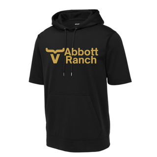 Abbott Ranch Logo Short Sleeve Hoodie in Gold on black Sport Tek Sport Wick fleece with gold bull head logo and Abbott Ranch text on center chest, front pouch pocket and drawstring hood
