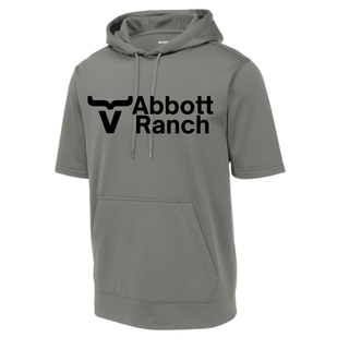  Abbott Ranch Logo Short Sleeve Hoodie in grey Sport Tek Sport Wick fleece with black bull head logo and Abbott Ranch text on center chest, front pouch pocket and drawstring hood