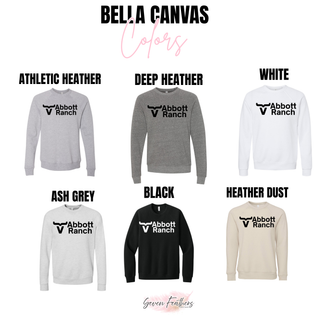 Abbott Ranch Logo Top Bella Canvas crewneck color chart from Seven Feathers Boutique showing Athletic Heather, Deep Heather, White, Ash Grey, Black, and Heather Dust options