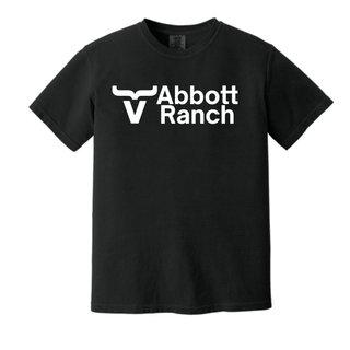 Abbott Ranch Logo Top in black Comfort Colors tee with white bull head logo and Abbott Ranch text on center chest
