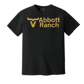 Abbott Ranch Logo Top in Gold on black Comfort Colors tee with gold bull head logo and Abbott Ranch text on center chest