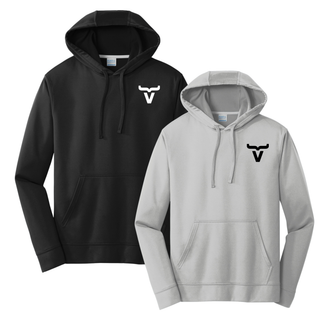 Black and silver performance pullover hoodies with Abbott Ranch bull horn pocket logo on chest
