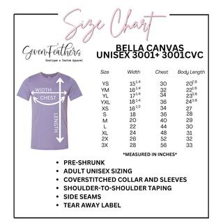 Size chart for Bella Canvas UNISEX 3001+ 3001CVC t-shirts with a purple t-shirt graphic.