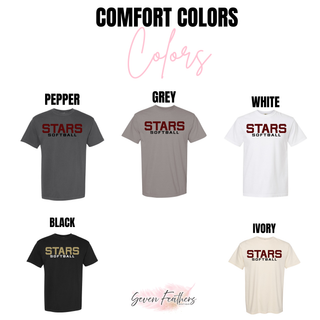 Comfort Colors tee swatches in pepper grey white black and ivory with bold varsity stacked Stars Softball design