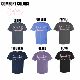  Book Lover Coquette Bow Top Comfort Colors color chart from Seven Feathers Boutique showing Denim, Flo Blue, Pepper, True Navy, Grape, and Black tee options
