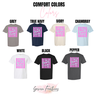 Book Lover Striped Bow Top Comfort Colors color chart from Seven Feathers Boutique showing Grey, True Navy, Ivory, Chambray, White, Black, and Pepper options