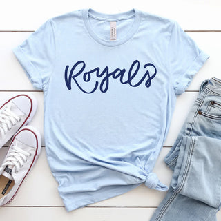 Dark Blue baseball script on Light Blue Bella+Canvas t-shirt.