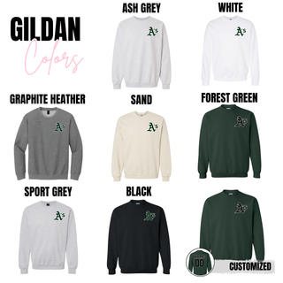 Gildan crewneck sweatshirt available in ash grey, white, graphite heather, sand, forest green, sport grey, and black with Ace’s Baseball Classic A logo on the left chest.