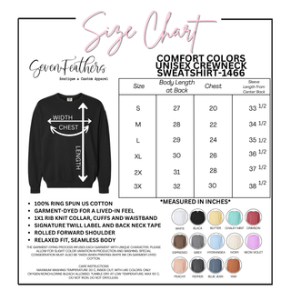 Size chart for Comfort Colors 1466 unisex crewneck sweatshirt with color options. Seven Feathers Boutique