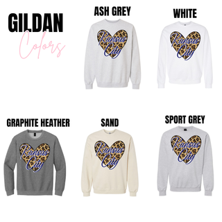 Kansas City leopard heart graphic on Gildan ash grey, white, graphite heather, sand and sport grey crewneck sweatshirts