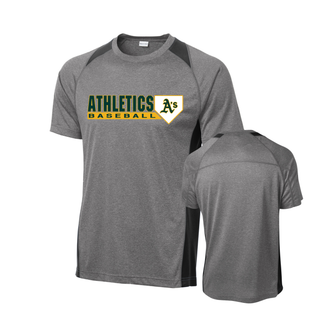 Topeka Athletics Baseball home plate logo contender performance tee front and back view in heather grey with black panels