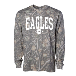 Front view of the Eagles Football Camo Long Sleeve featuring a distressed white Eagles graphic with football accent on a camouflage long sleeve.