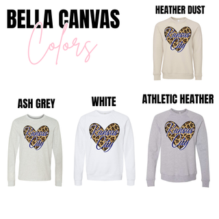 Kansas City leopard heart graphic on Bella Canvas ash grey, white, athletic heather and heather dust crewneck sweatshirts