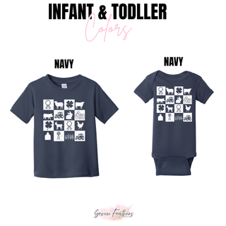 Farm life checkered icons top infant onesie and toddler tee in navy