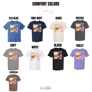 Half Teacher Half Pumpkin Spice Comfort Colors color chart Flo Blue True Navy Ivory Pepper Grey White Black Violet Espresso