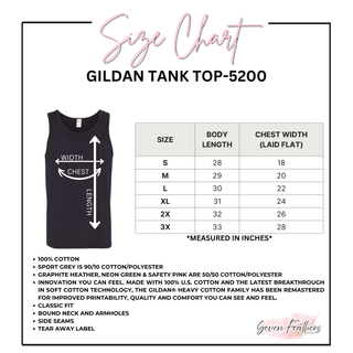 Size chart for men's Gildan tank top sizes S through 3X