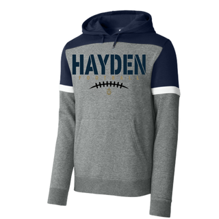 Grey and navy Hayden Wildcats Stencil Block Football Fleece Colorblock Hoodie featuring bold stencil block Hayden text with football laces graphic and navy colorblock upper chest, shoulders, and hood with white sport stripe
