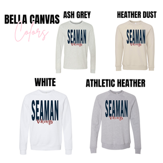 Image 2: Bella Canvas long-sleeve and sweatshirt versions of Seaman Vikings Stacked Script Graphic Top in Ash Grey, Heather Dust, White, and Athletic Heather colors, showing all color options available for youth and adult sizes.