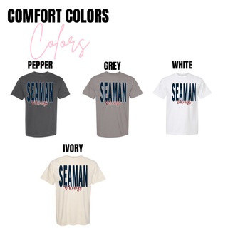 Seaman Vikings Stacked Script Graphic Top in Comfort Colors grouped flat showing all available colors Pepper, Grey, White, and Ivory with unisex front view design and stacked script Seaman Vikings logo.