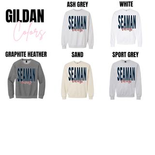 Gildan long-sleeve and crewneck versions of Seaman Vikings Stacked Script Graphic Top in Graphite Heather, Sand, Sport Grey, Ash Grey, and White, highlighting the full range of color options and made-to-order apparel style.