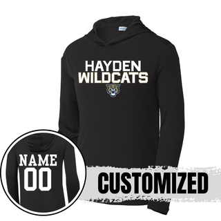 Black Hayden Wildcats Two Line Mascot PosiCharge Competitor Hoodie showing front design and back customization option with player name and number