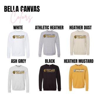 Topeka High Trojans football sweatshirt displayed in Bella Canvas color options including white, athletic heather, heather dust, black, ash grey, and heather mustard, each showing the Trojans football logo design in gold, white, and black