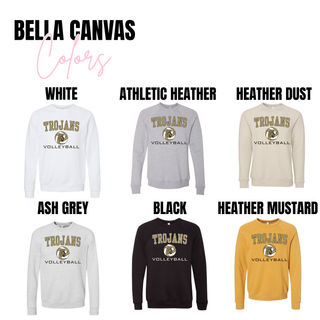 Bella Canvas Topeka High Trojans volleyball apparel color options including white, athletic heather, heather dust, ash grey, black, and heather mustard, featuring Trojans volleyball graphic for school spirit wear