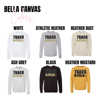 Topeka High Trojans Track and Field apparel displayed in Bella Canvas options including white, athletic heather, heather dust, ash grey, black, and heather mustard featuring stacked Trojans track lettering and mascot graphic