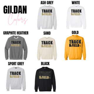 Topeka High Trojans Track and Field sweatshirt shown in Gildan options including ash grey, white, graphite heather, sand, gold, sport grey, and black with bold track and field graphic and Trojan mascot logo