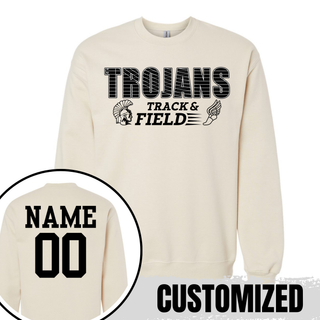 Topeka High Trojans Track and Field sand crewneck sweatshirt featuring front track design with optional custom name and number on back for personalized school track apparel